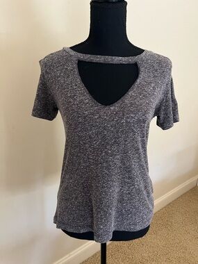 LNA Dark Heather Grey Marled Burnout Cold Shoulder Choker Neck Knit Top Size XS
